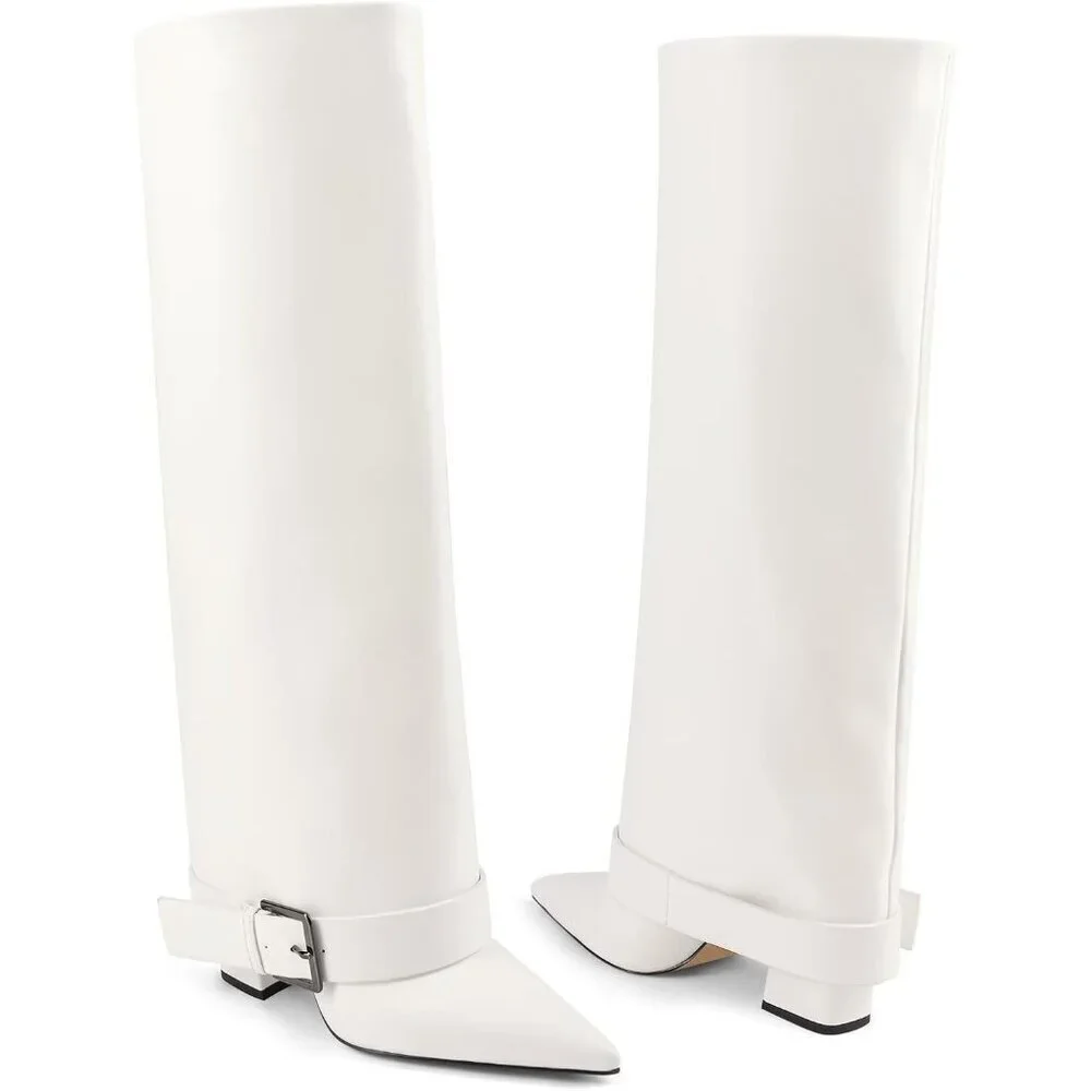 Women's White Suede Knee High Boots Fold Over High Heel Belt Buckle Fall Long